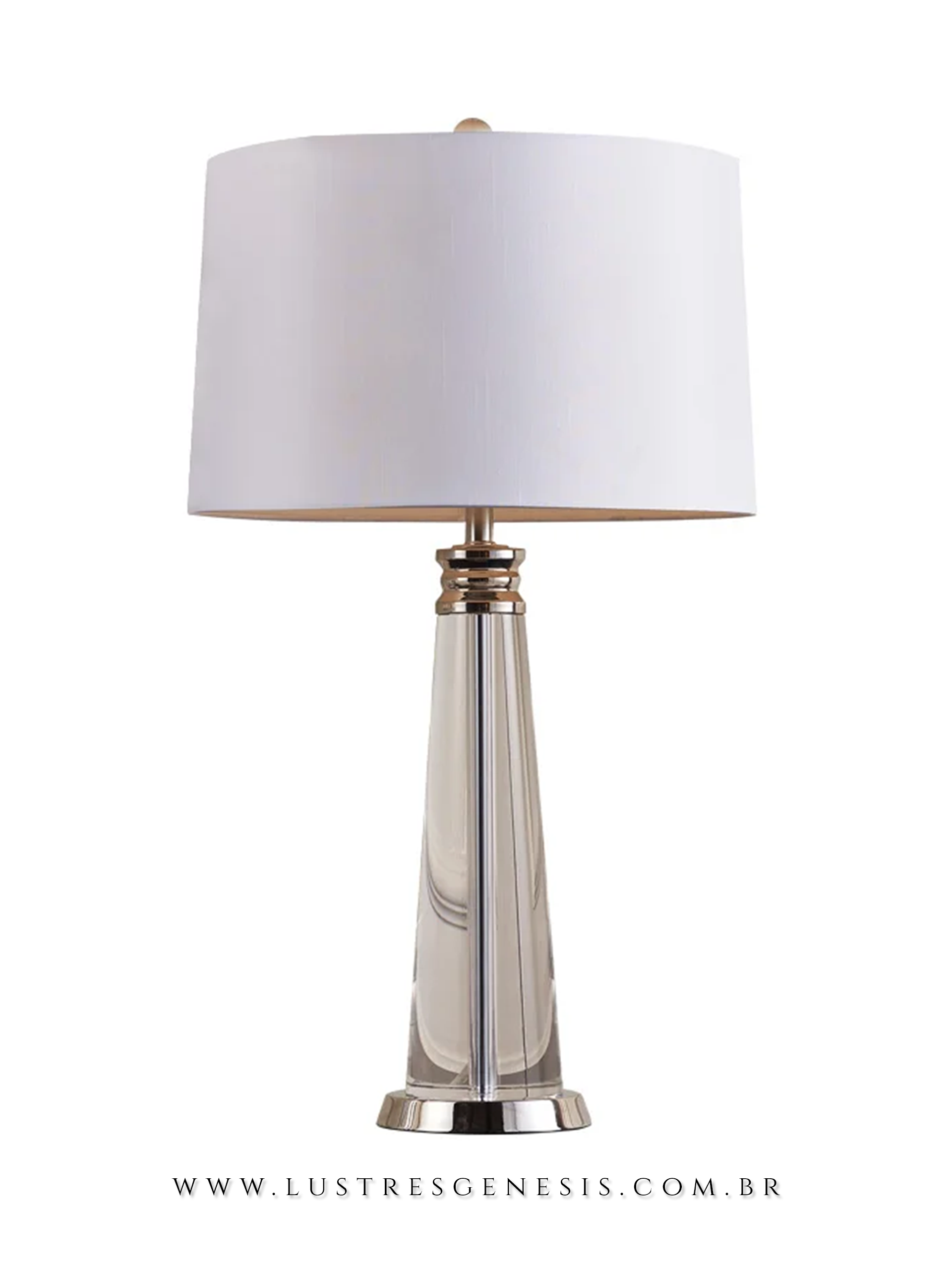 Abajur Filipos de mesa com cúpula branca e base em metal cromado, ideal para quartos ou escritórios.